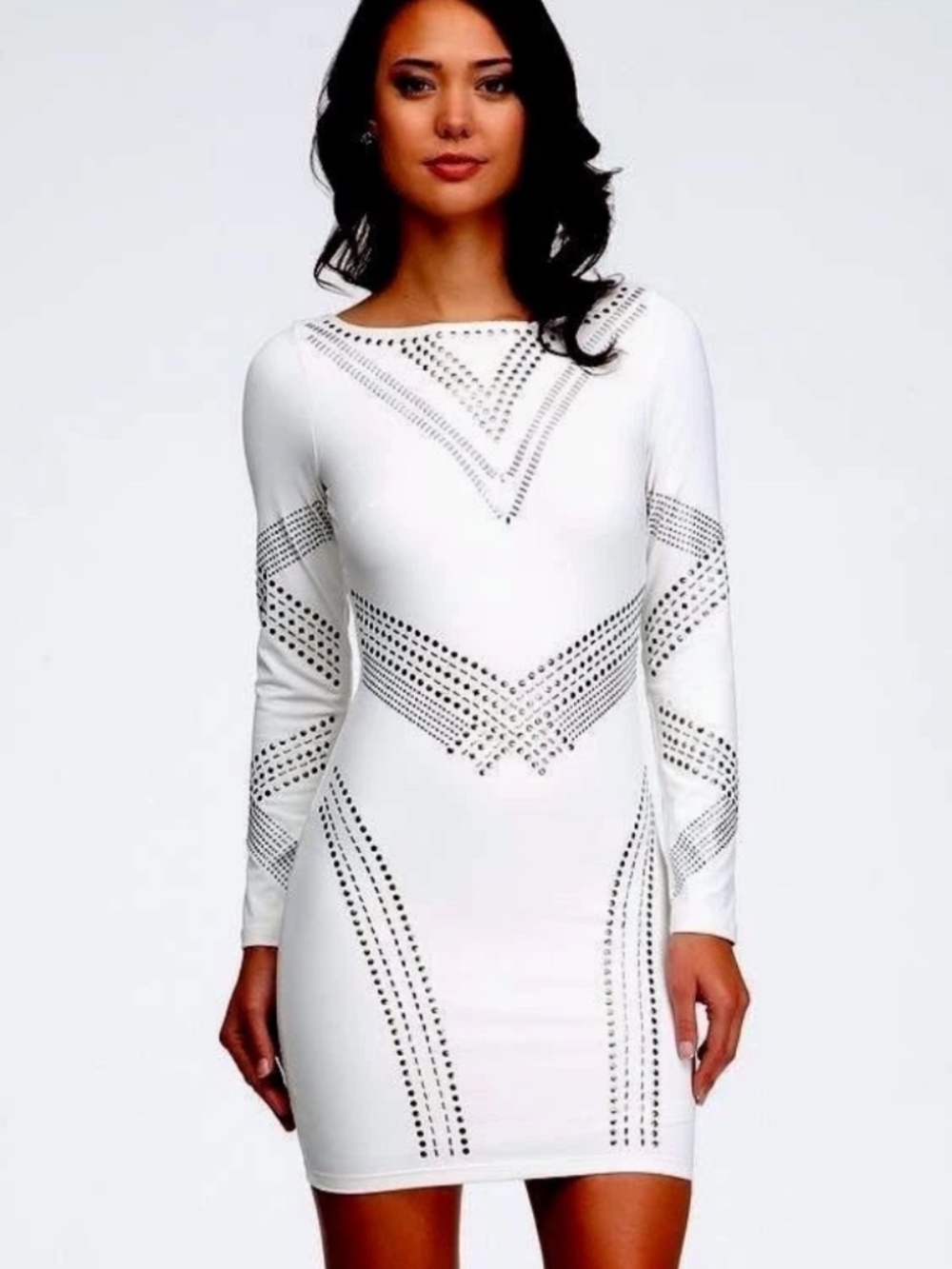 NWT bebe silver stud ivory white embellished bodycon club top dress XS
